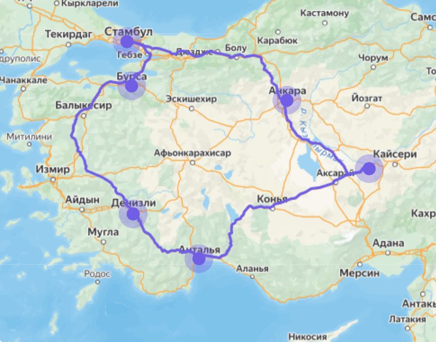 карта маршрута Золотое кольцо Турции из Стамбула