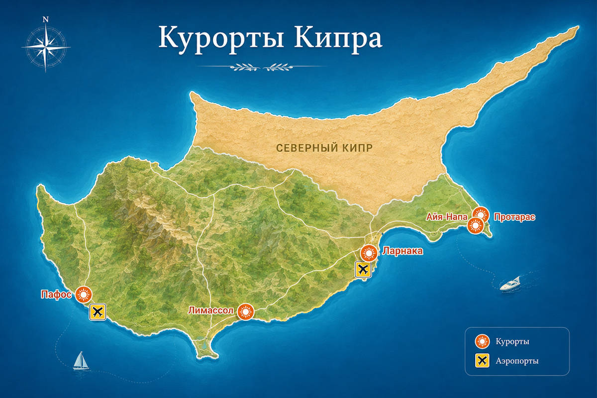 Карта с основными курортами Кипра и аэропортами