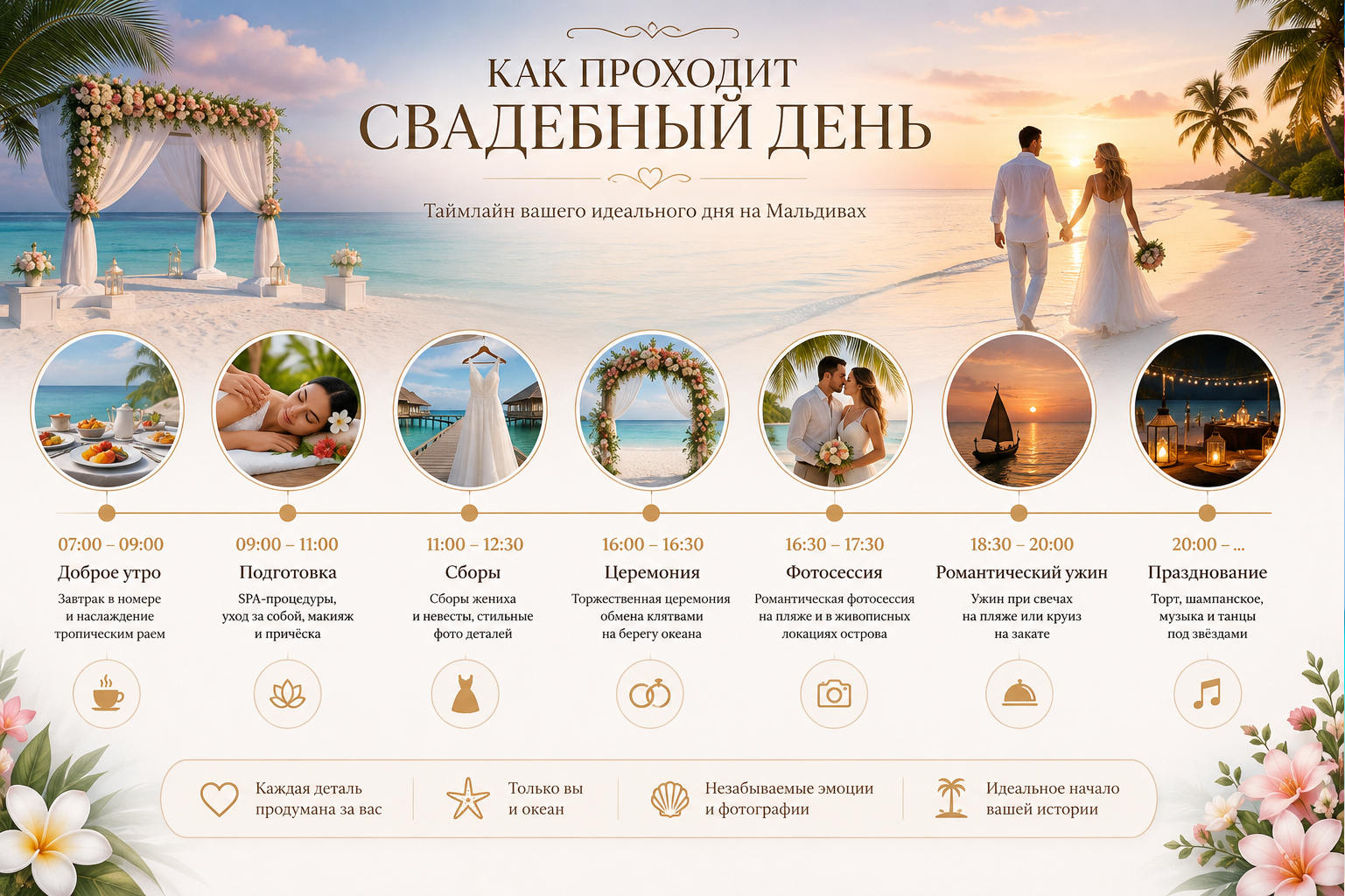 Молодожёны во время символической церемонии у кромки воды на Мальдивах