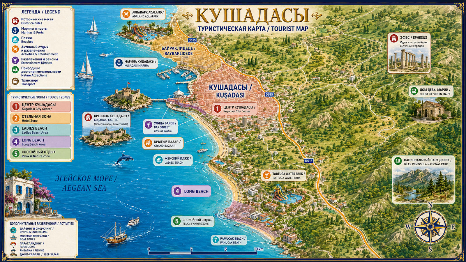 Карта Кушадас с пляжами и достопримечательностями